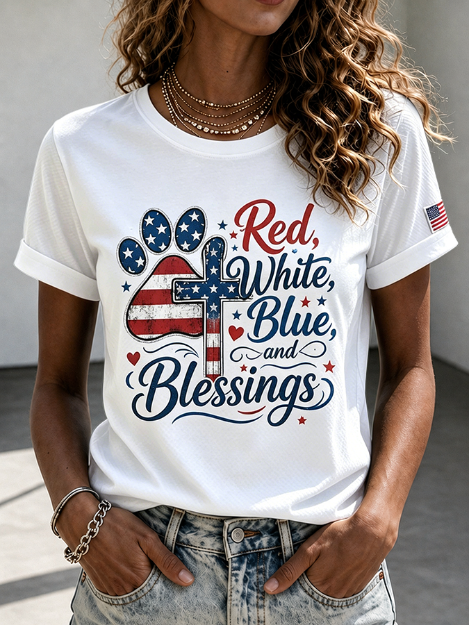 Women Red White Blue Blessings American Flag Paw Print Cross Patriotic Short Sleeve Crew Neck T-Shirt