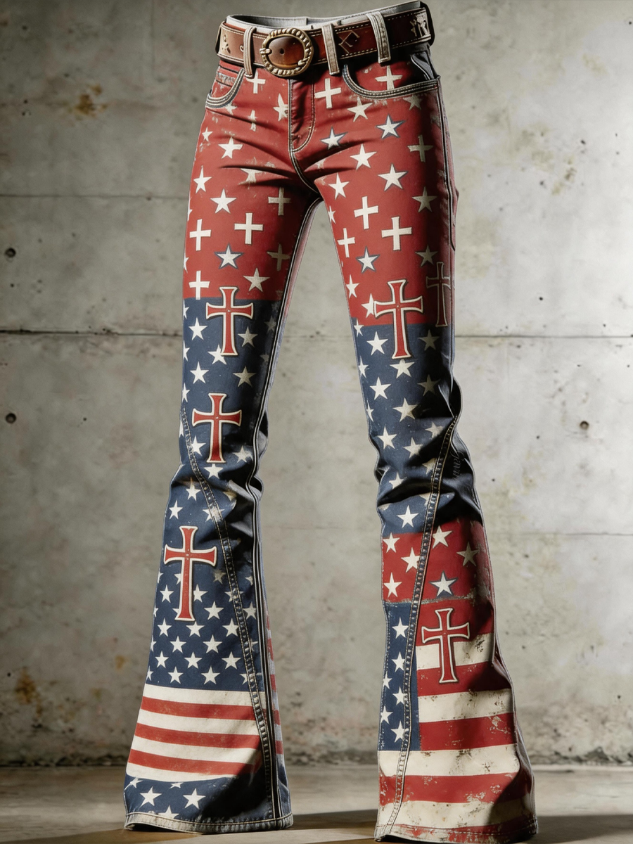 Retro Faith Cross Art Print Flared Pants