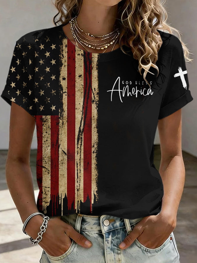 Women's God Bless America Printed Casual T-shirt