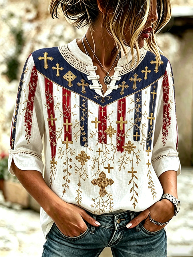 Women's Religious Beliefs Floral Print Cotton Linen Top