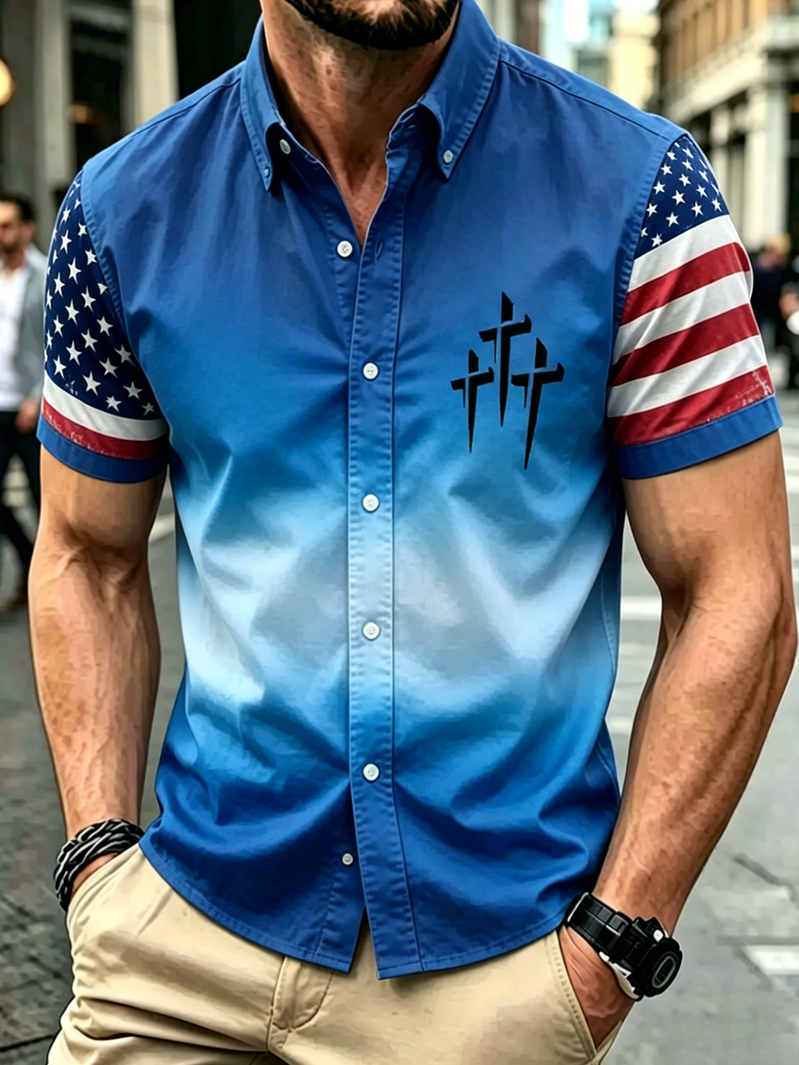Men's Retro Christian Faith Cross Printed Shirt
