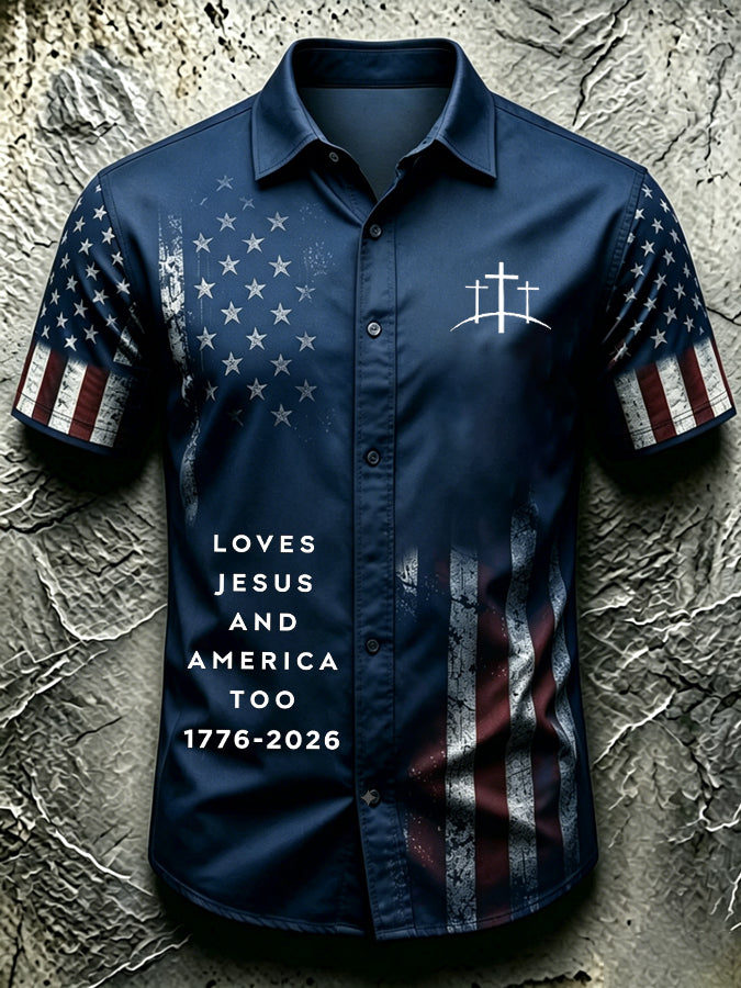 Men's Loves Jesus And America Too1776-2026 Faith Printed Casual Shirt