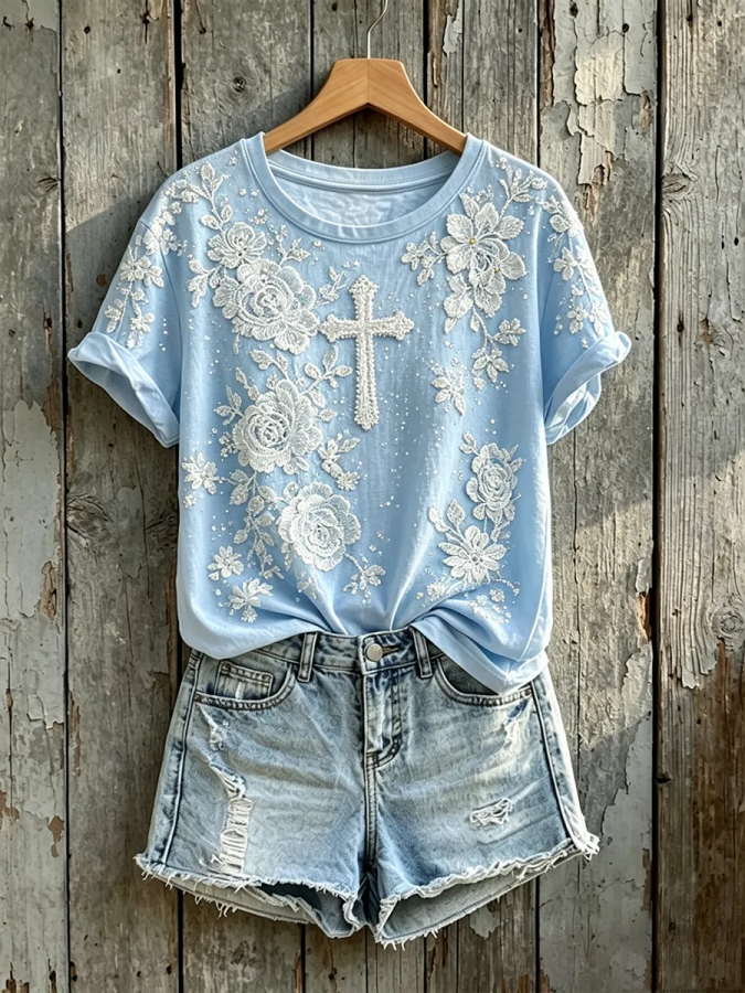 Women's Floral Cross Print Faith Round Neck Short-sleeved T-shirt