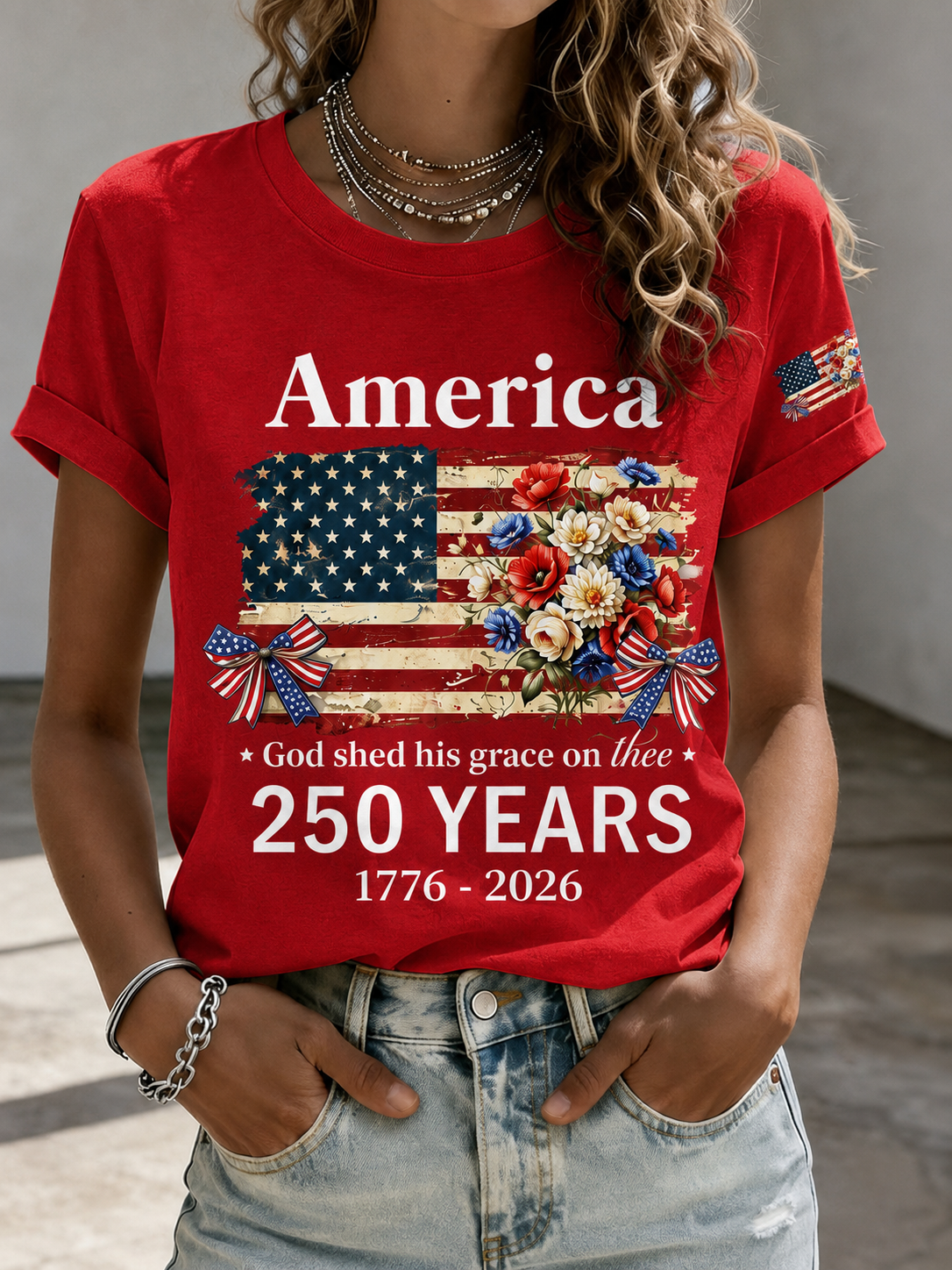 Women'S Faith And Flag Flower Printed Casual T-Shirt