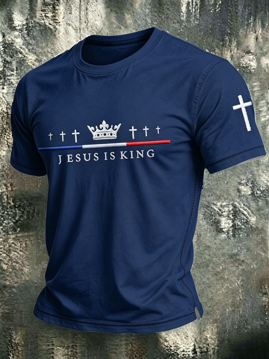 Faith Jesus Cross Embroidered Printed Casual Round Neck T-Shirt
