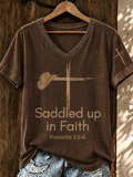 Women'S Retro WesternSaddled Up in Faith V-Neck T-Shirt