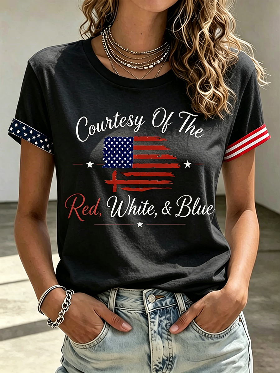 American Flag Faith Cross Commemorative Printed Casual T-Shirt
