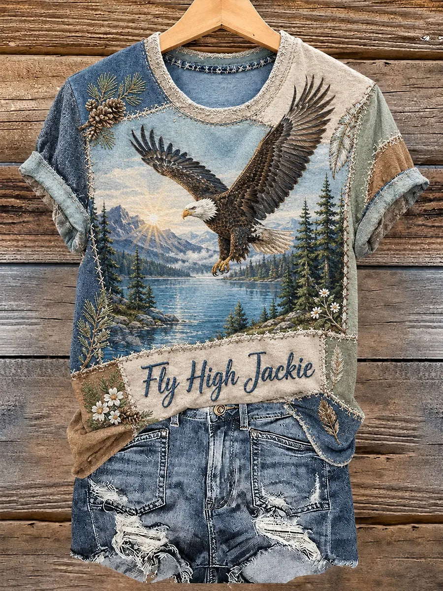 Women's Fly High Jackie Bald Eagle Memorial Patchwork Vintage T-Shirt