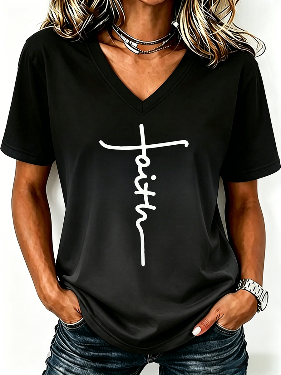 Faith Cross Print Gradient V-Neck Top