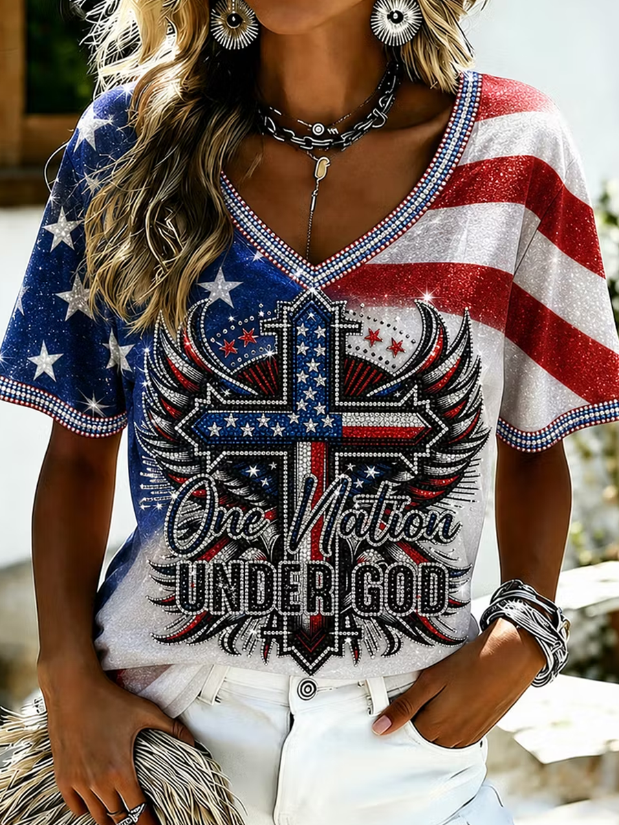 Women's Independence Day Faith Cross Flag Print V-neck T-shirt