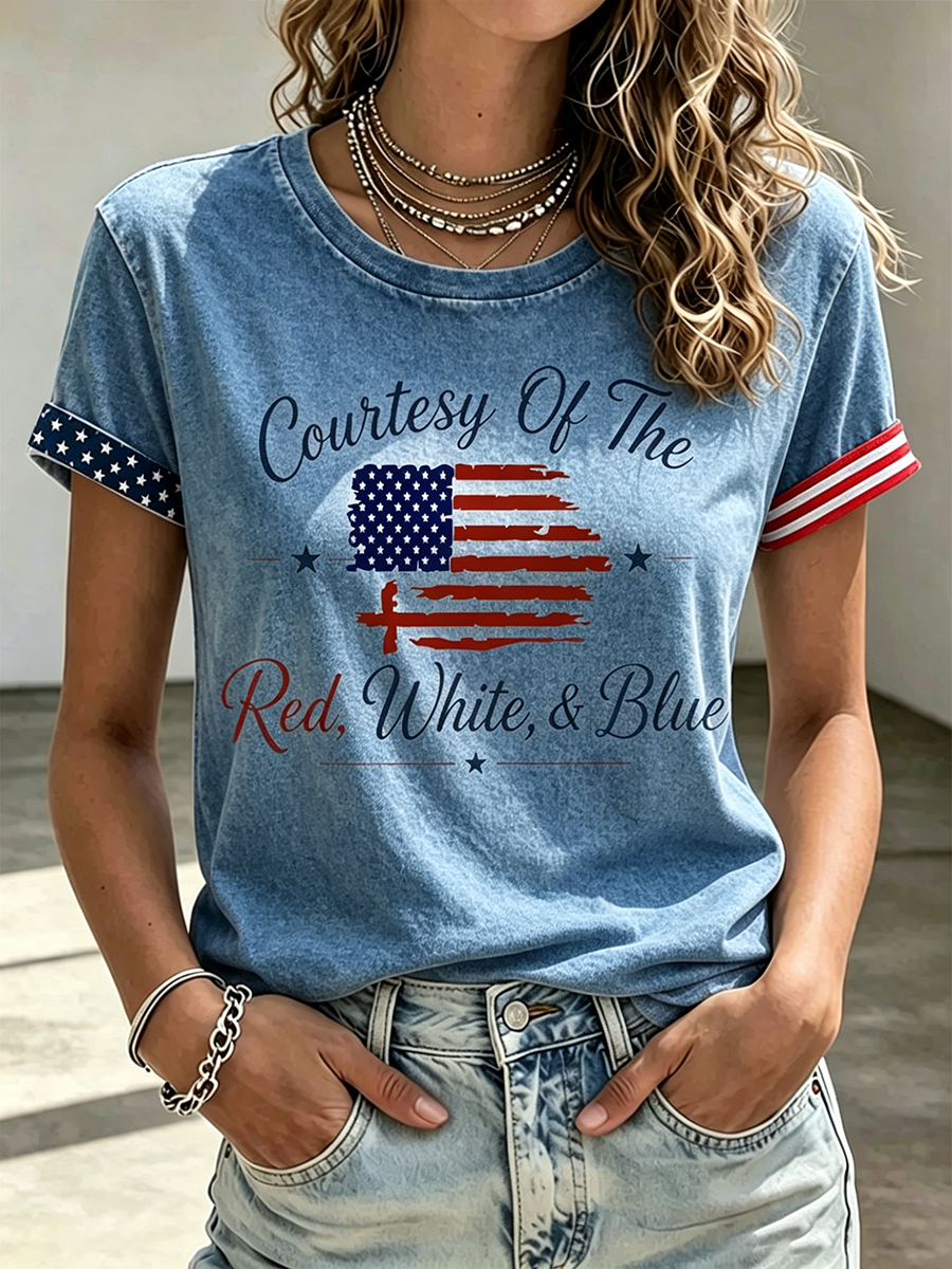 American Flag Faith Cross Commemorative Printed Casual T-Shirt