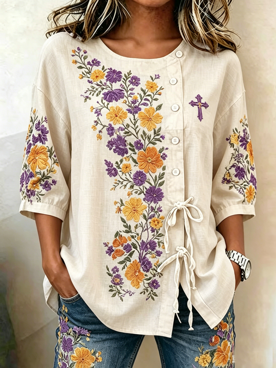 Women's Retro Faith Floral Print Top