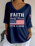 Women's Faith Family Freedom Flag Cross V Neck 3/4 Sleeve Casual Tee