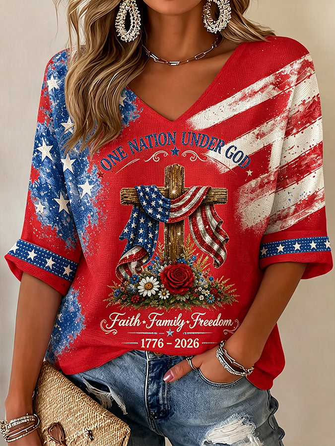 Women'S America Flag Printed Waffle T-Shirt