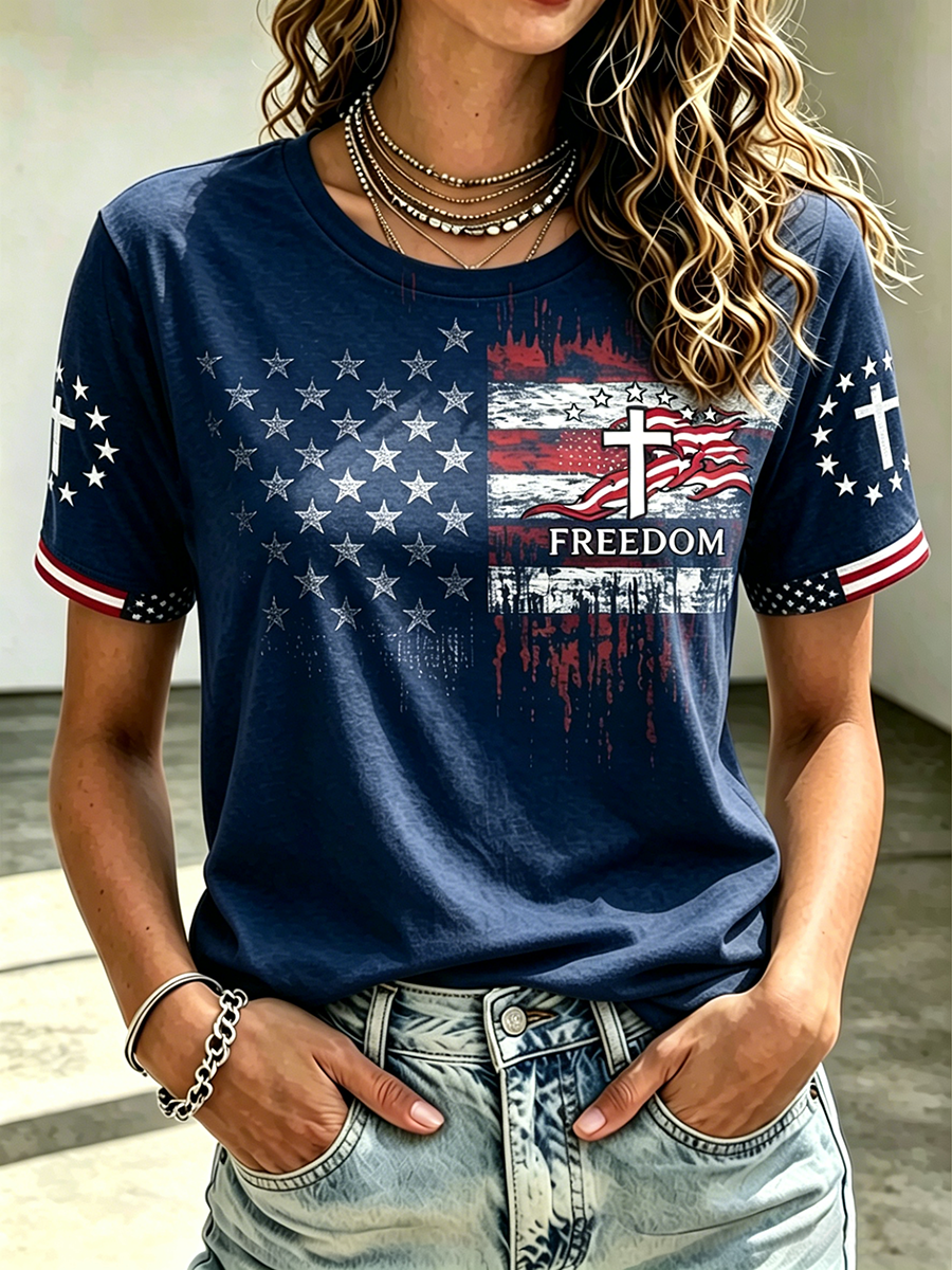 American Flag Faith Cross Commemorative Print Round Neck T-Shirt