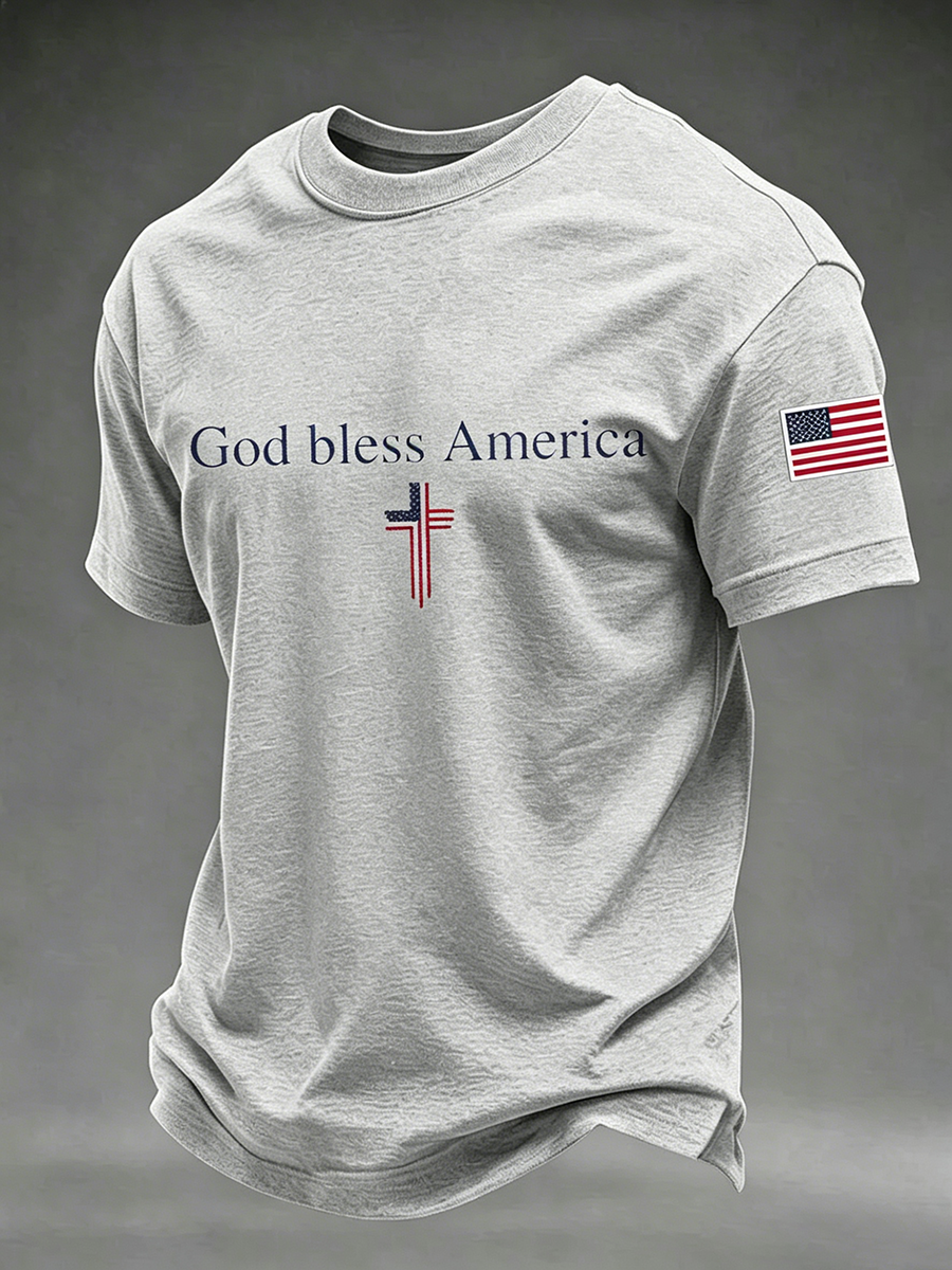 God Bles America Faith Cross Commemorative Printed Round Neck T-Shirt