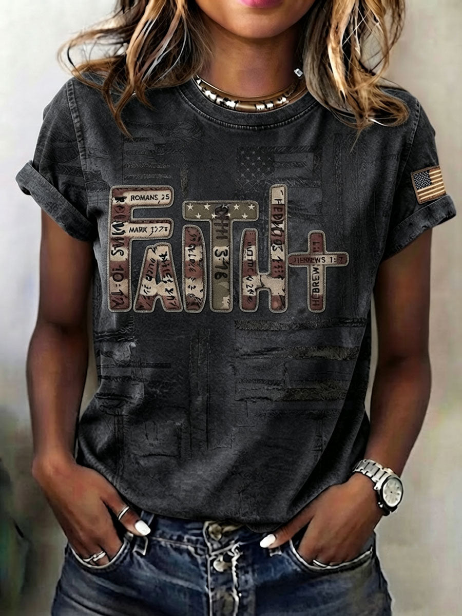 Ladies' Casual Round Neck American 250Th Anniversary Cross Print T-Shirt