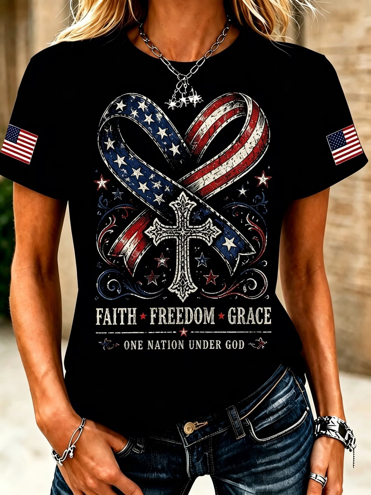 American Flag Faith Cross Commemorative Print Round Neck T-Shirt