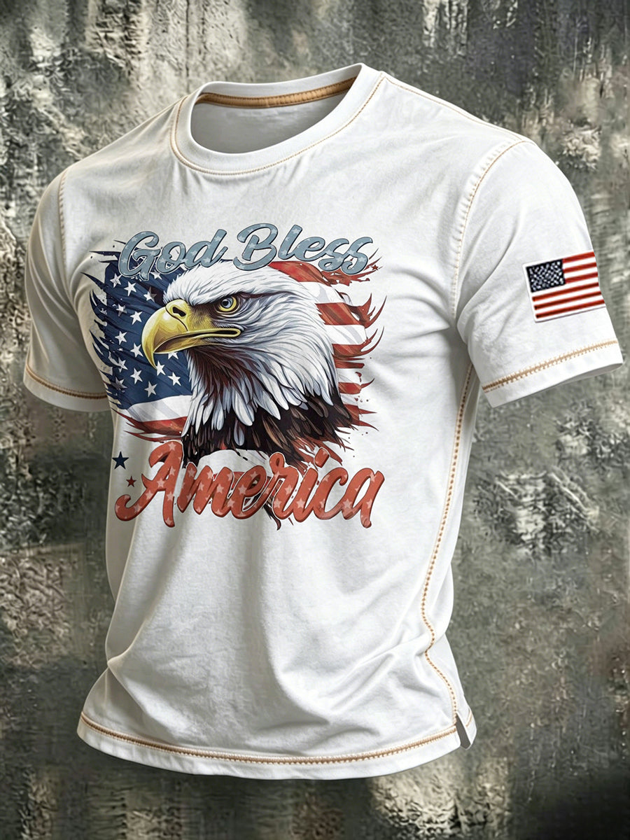 God Bles America Eagle Faith Commemorative Printed Round Neck T-Shirt