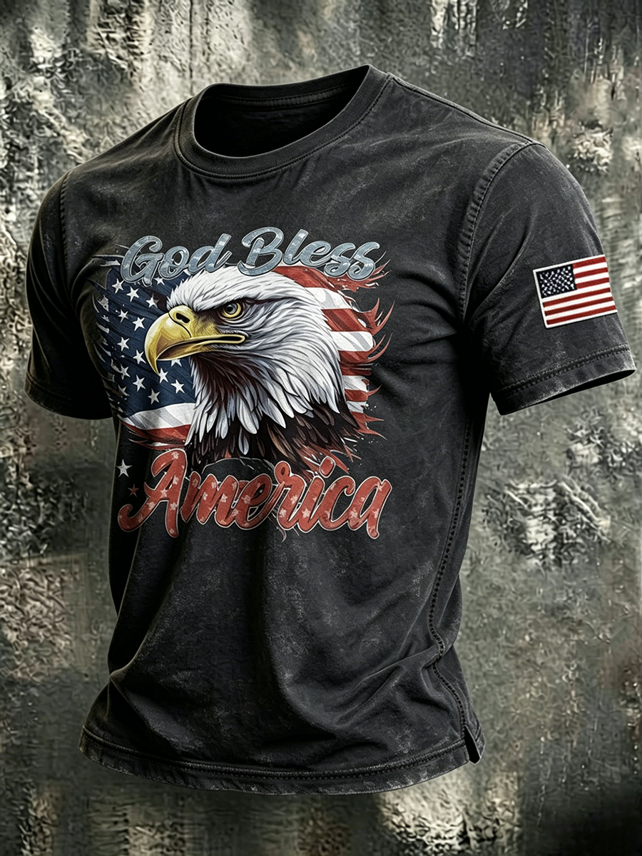God Bles America Eagle Faith Commemorative Printed Round Neck T-Shirt