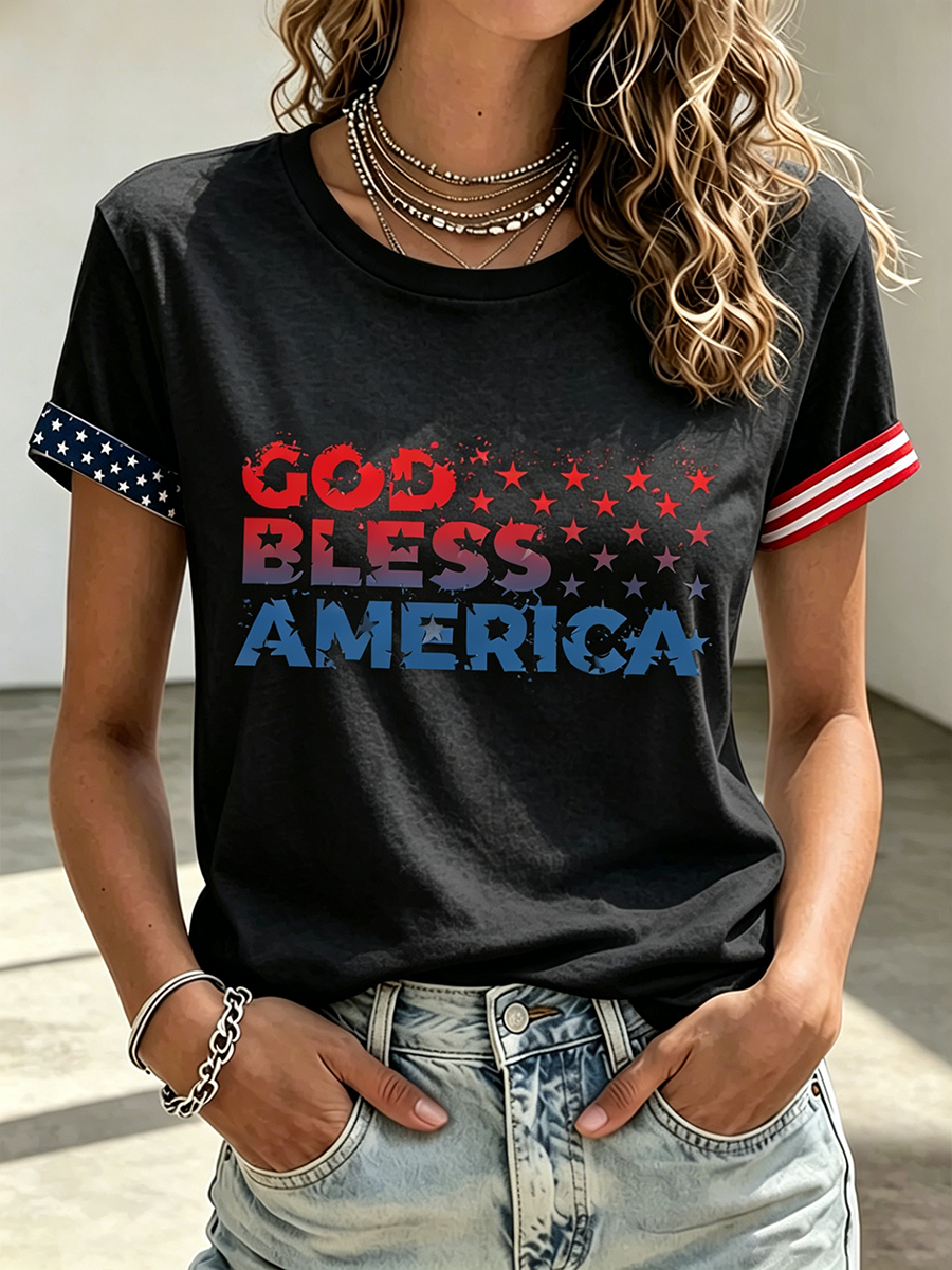 God Bless America Faith Commemorative Printed Casual T-Shirt