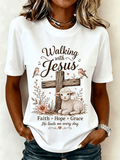 Women's Walking With Jesus Lamb Floral Wooden Cross Faith Hope Grace T-Shirt