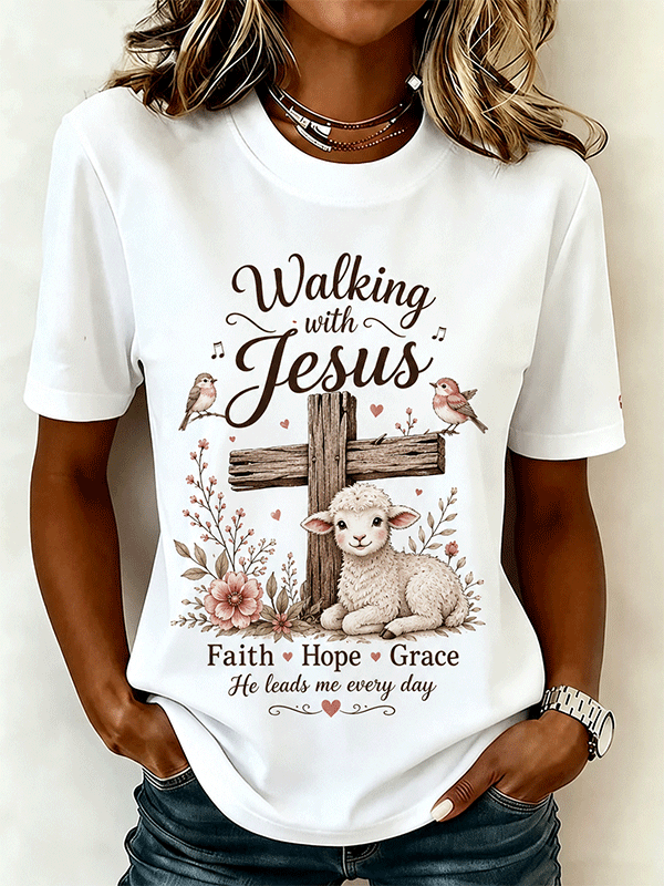 Women's Walking With Jesus Lamb Floral Wooden Cross Faith Hope Grace T-Shirt