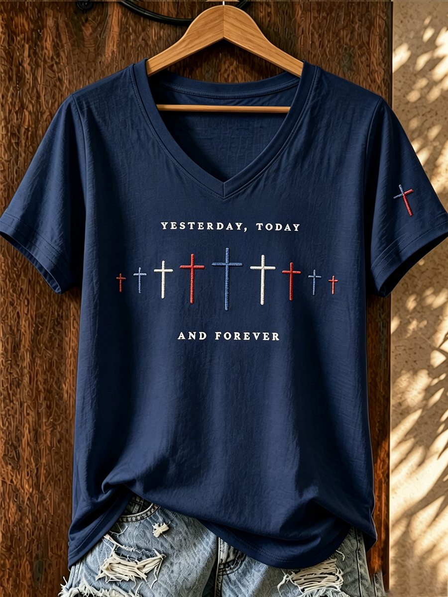 American Faith Jesus Cross Commemorative Print V-Neck T-Shirt