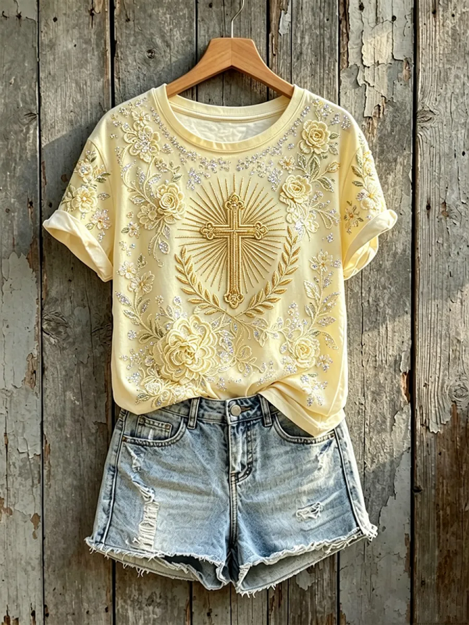 Women's Classy Floral Cross Print Round Neck Short-sleeved T-shirt