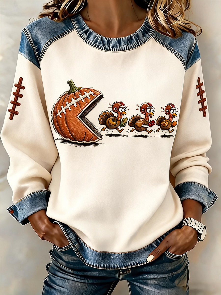 Women's Casual Thanksgiving Turkey and Football Print Top