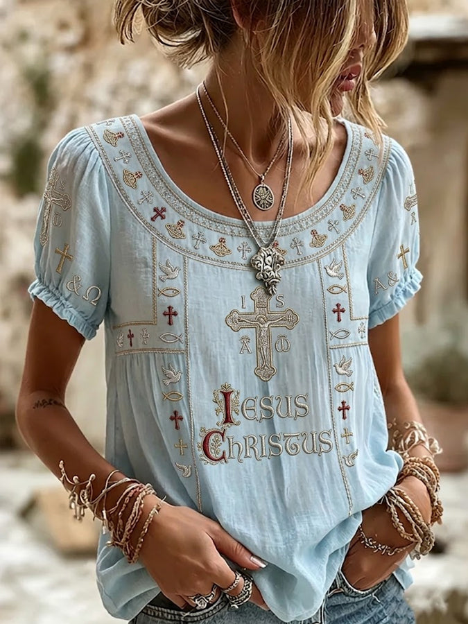 Women's Religious Beliefs Retro Floral Pattern Casual T-shirt