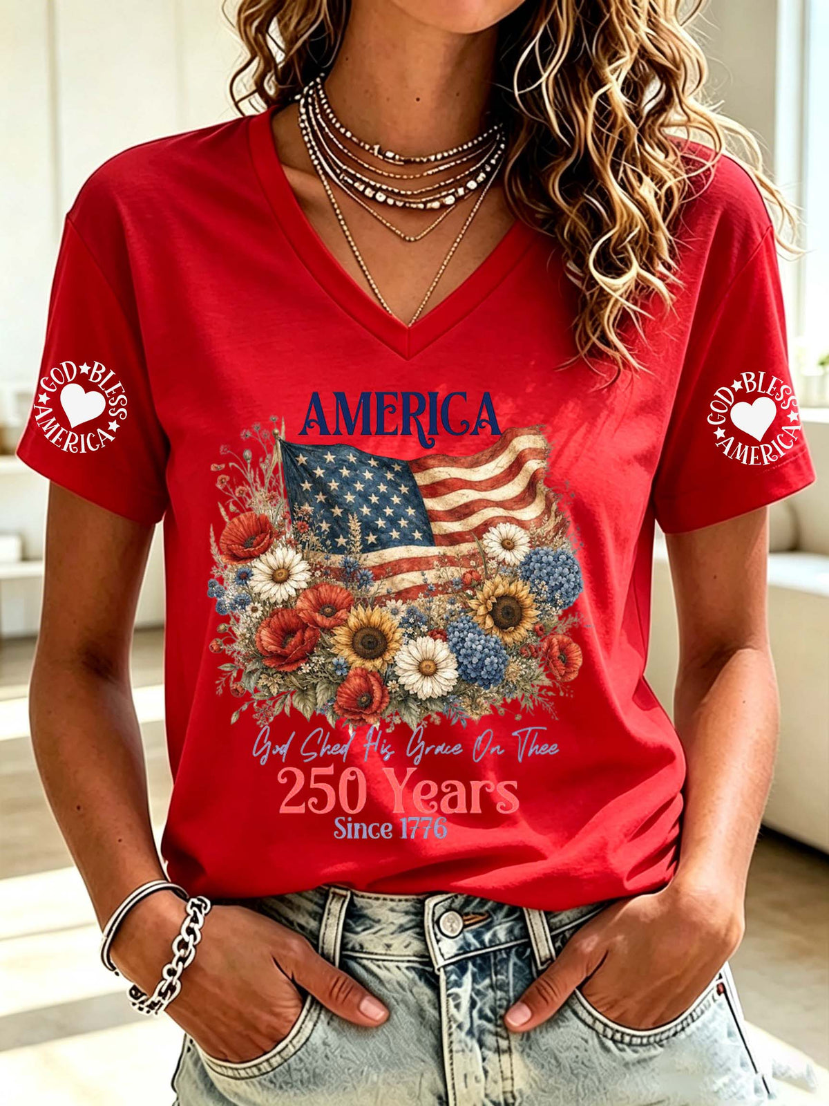 Women's Casual American 250 Celebration Printed V-Neck T-Shirt
