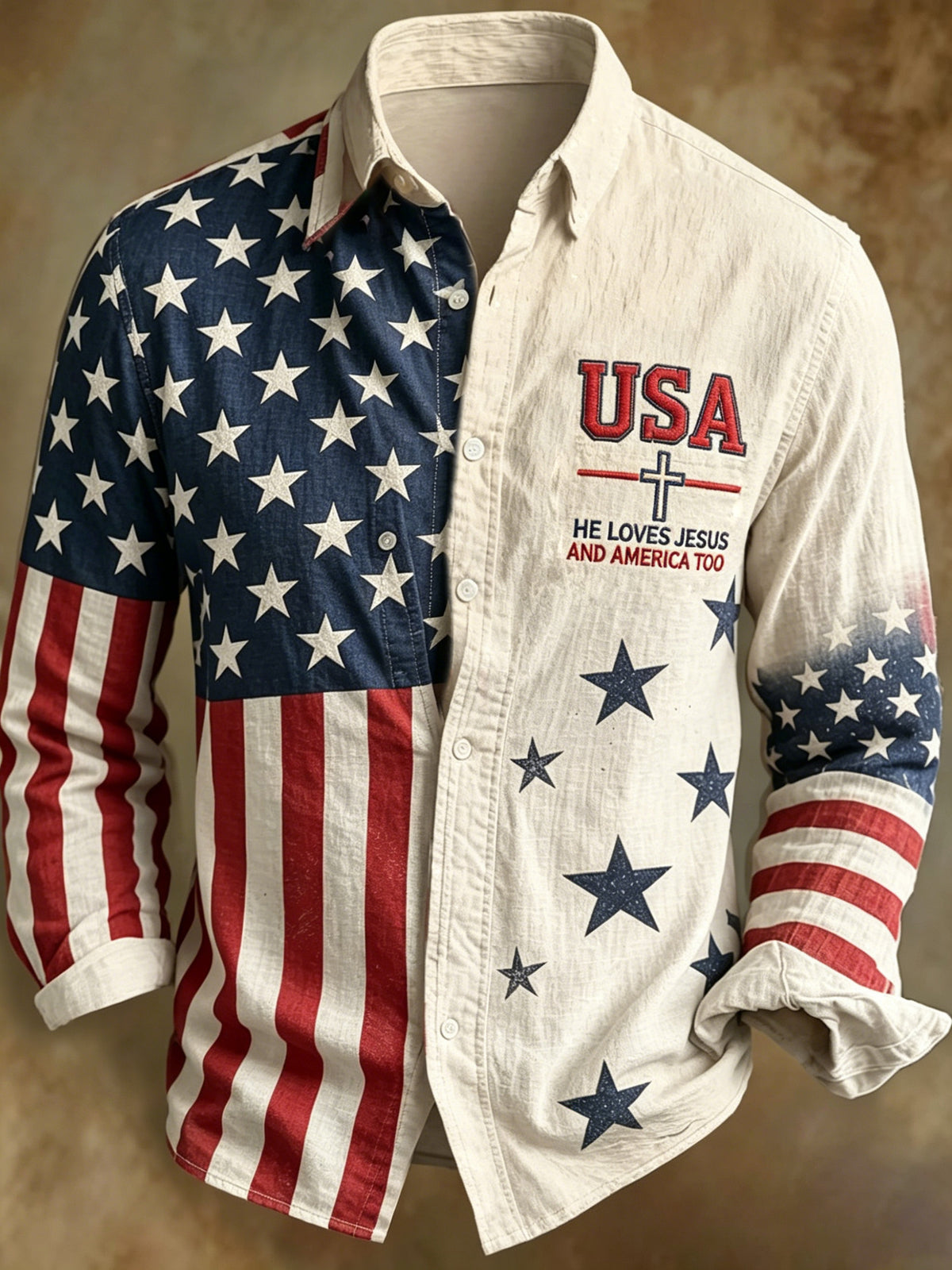 USA Stars and Stripes Faith Print Men's Long-Sleeve Shirt