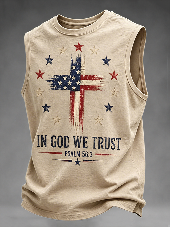 Men's Vintage American Flag Cross In God We Trust Psalm 56:3 Patriotic Sleeveless Crew Neck Tank Top