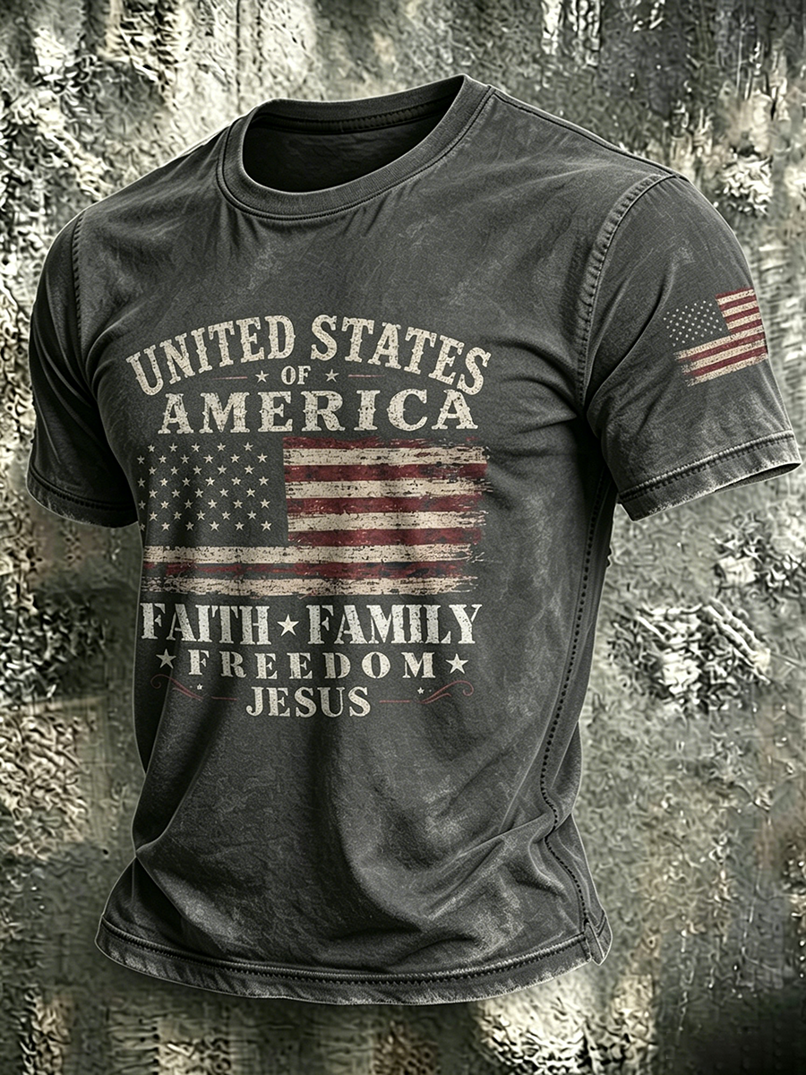 American Flag Faith Commemorative Printed Washed Round Neck T-Shirt