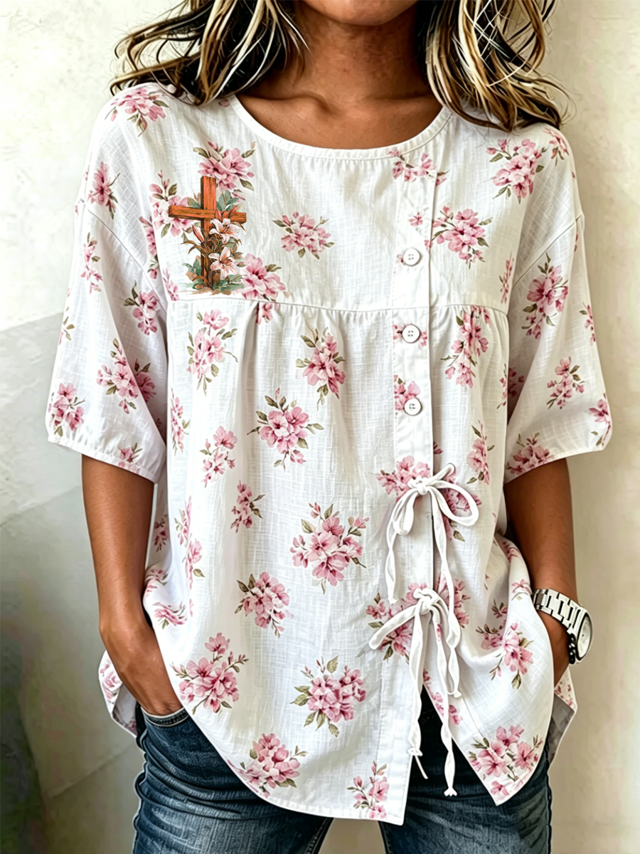 Women'S Retro Casual Floral Faith Art Printed Short Sleeved Shirt