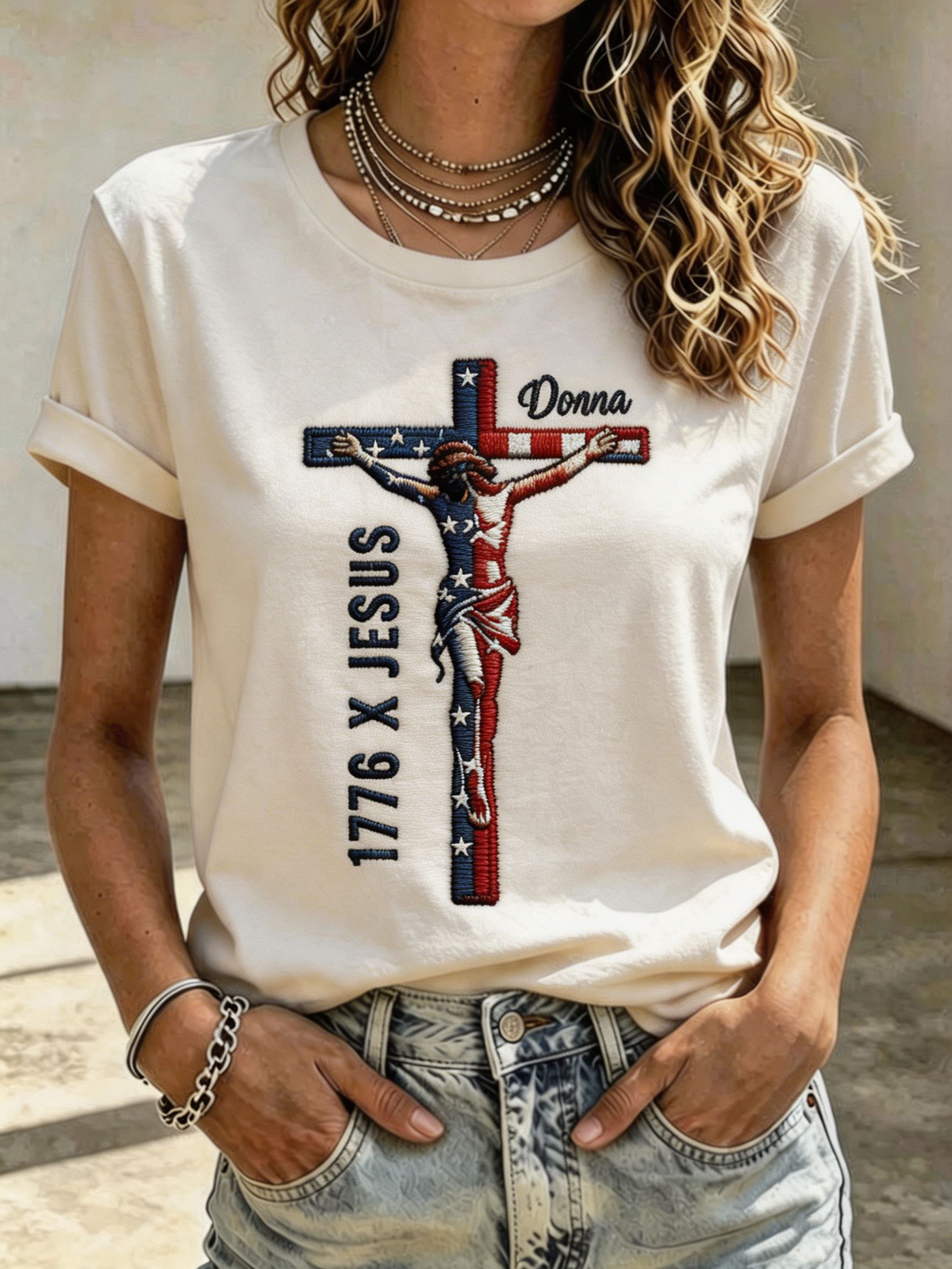 Women'S Freedom Cross Print Casual T-Shirt