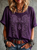 Women's Vintage Cotton-Linen Top with Wing and Cross Motif