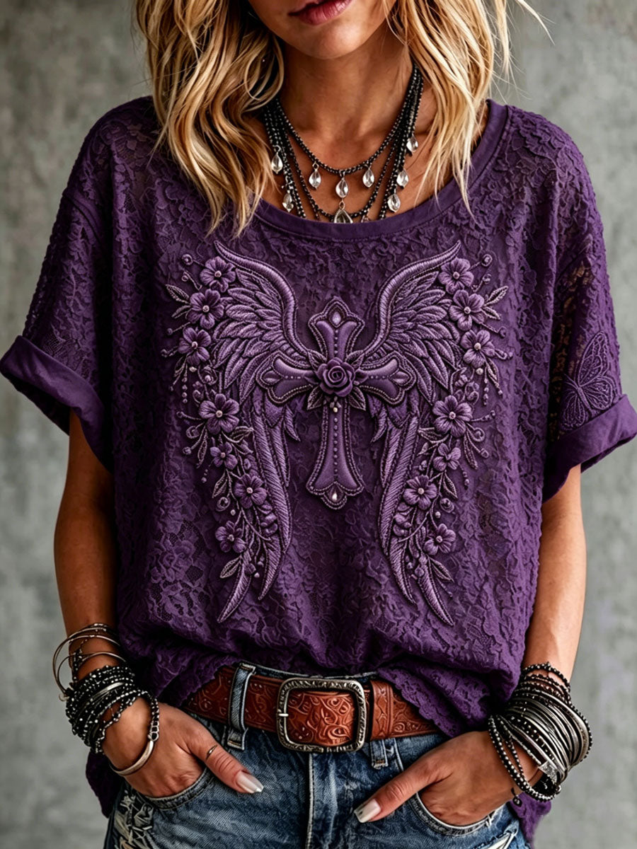 Women's Vintage Cotton-Linen Top with Wing and Cross Motif