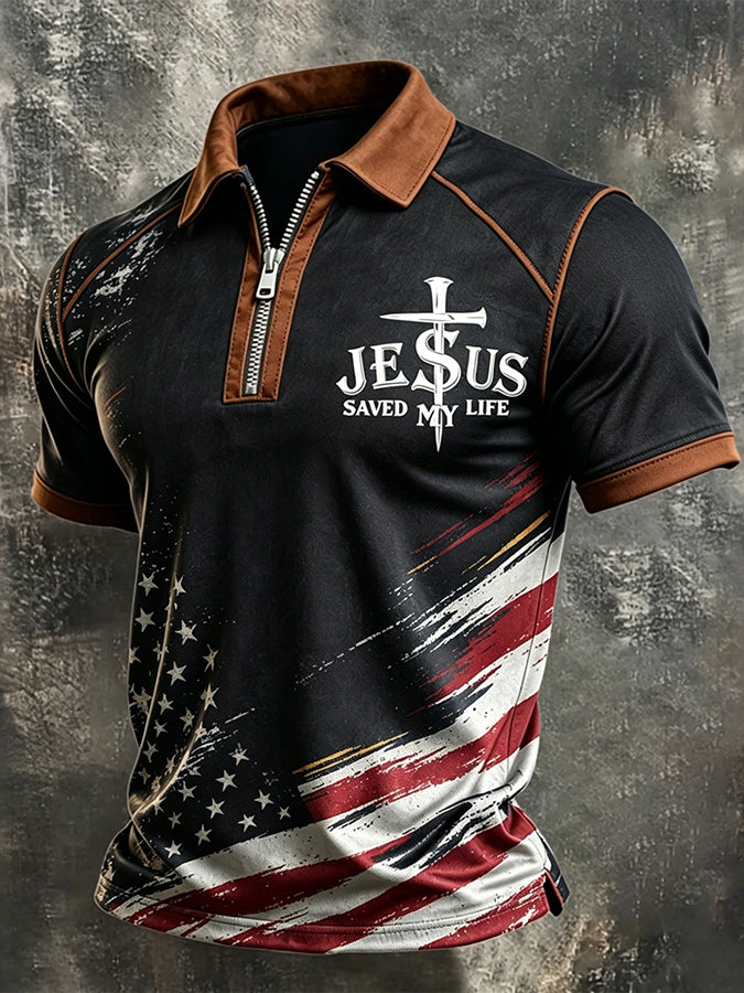 Men's Jesus Saved My Life USA Flag Christian Zip Polo Shirt