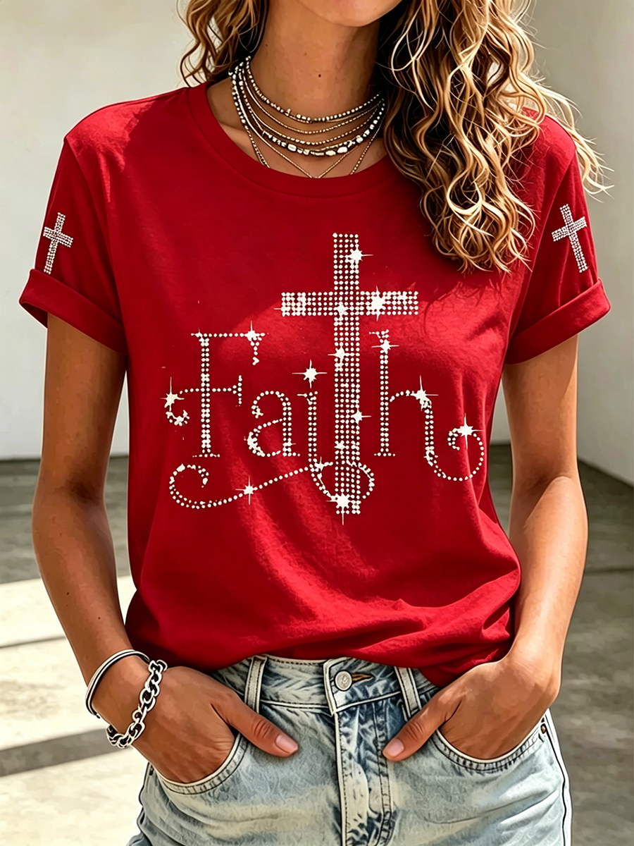 Jesus Faith Sequin Commemorative Print Round Neck Top