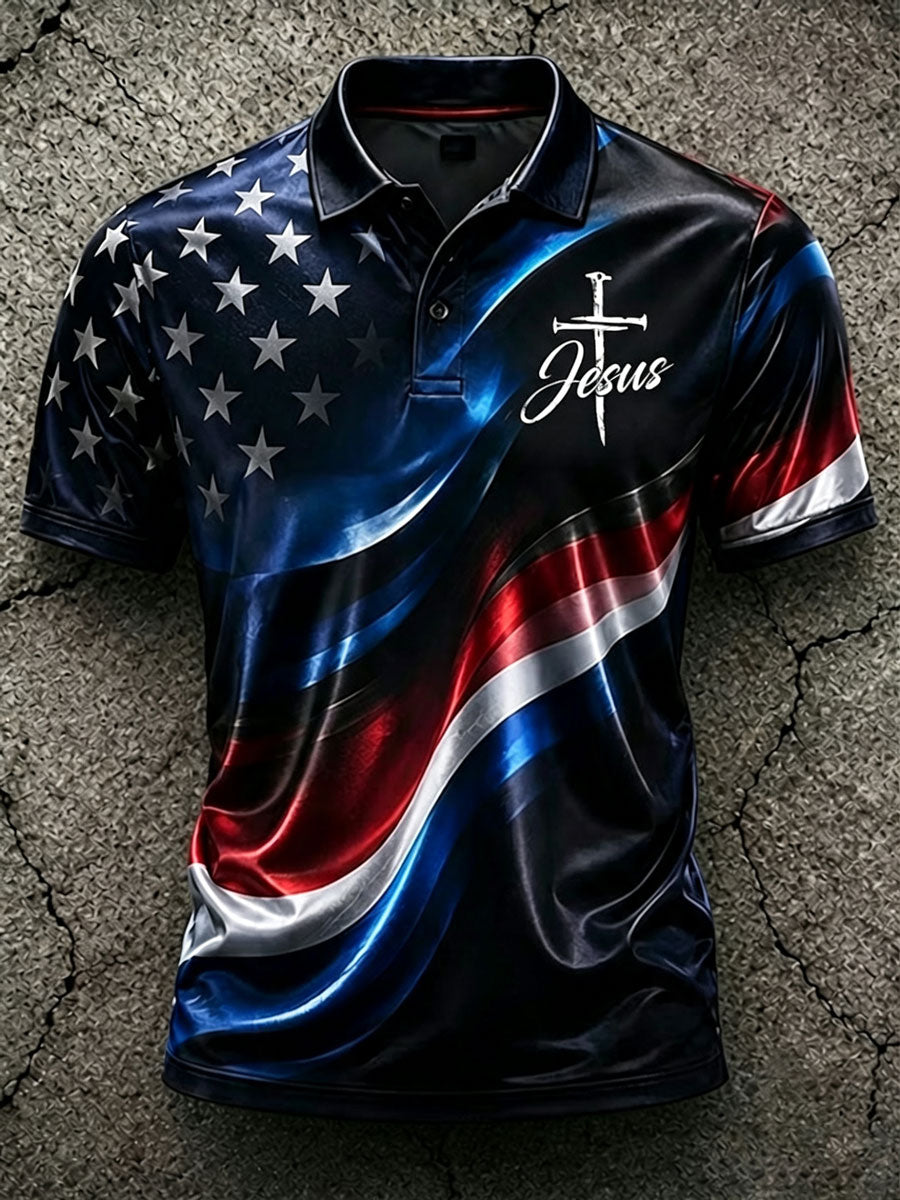 Men'S Flag Pattern Faith Casual Polo Shirt