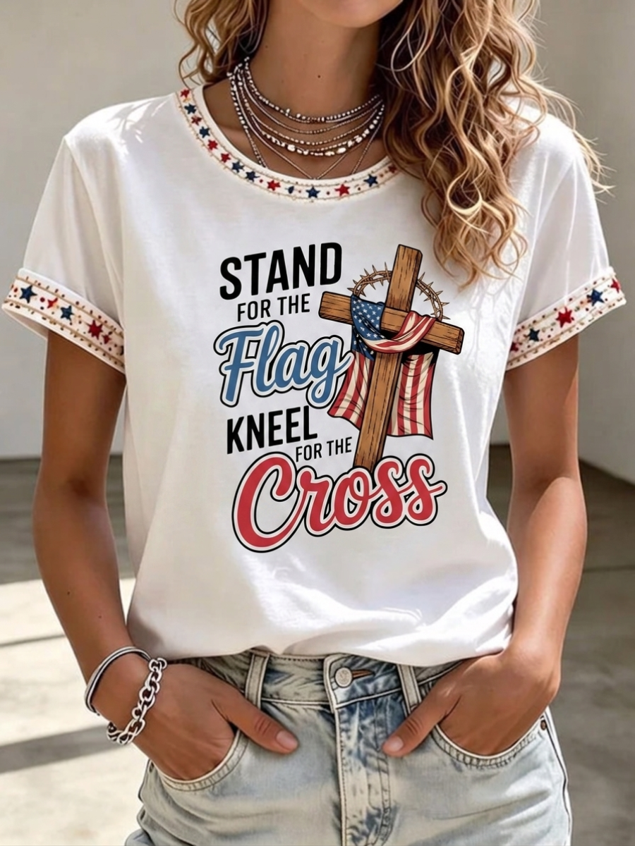 Women's America's 250th Anniversary Stand For The Flag Kneel For The Cross Faith Christian Cross Print T-Shirt