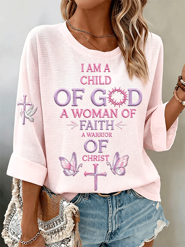 Women's I Am A Child Of God Butterfly Cross Embroidery Waffle Top