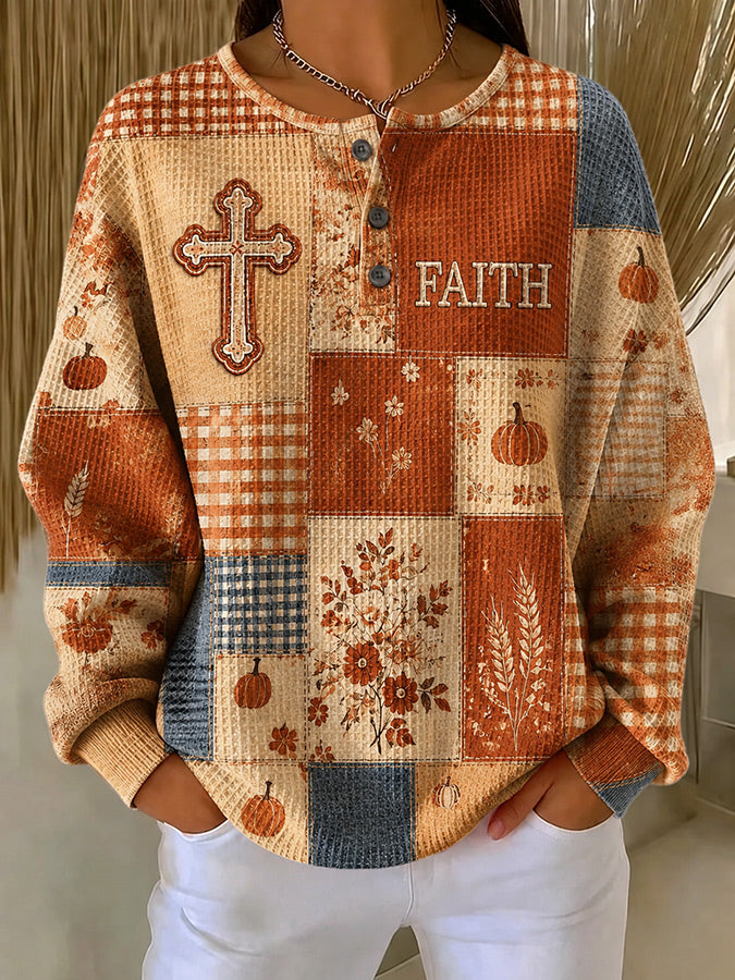 Women'S Casual Contrasting Color Autumn Faith Waffle Top