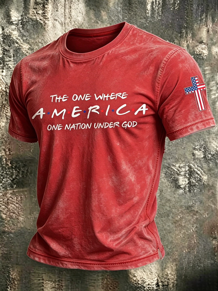 American Faith Cross Slogan Commemorative Print Round Neck T-Shirt