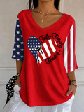 Women'S Casual American Flag Printed Cotton Linen Long Sleeved V-Neck Top