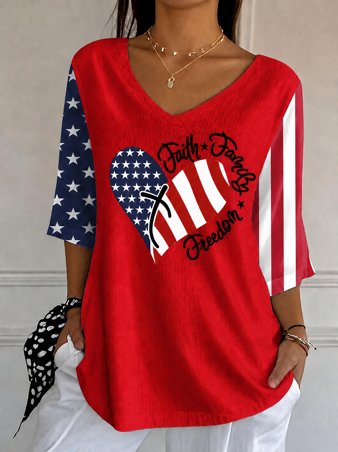 Women'S Casual American Flag Printed Cotton Linen Long Sleeved V-Neck Top