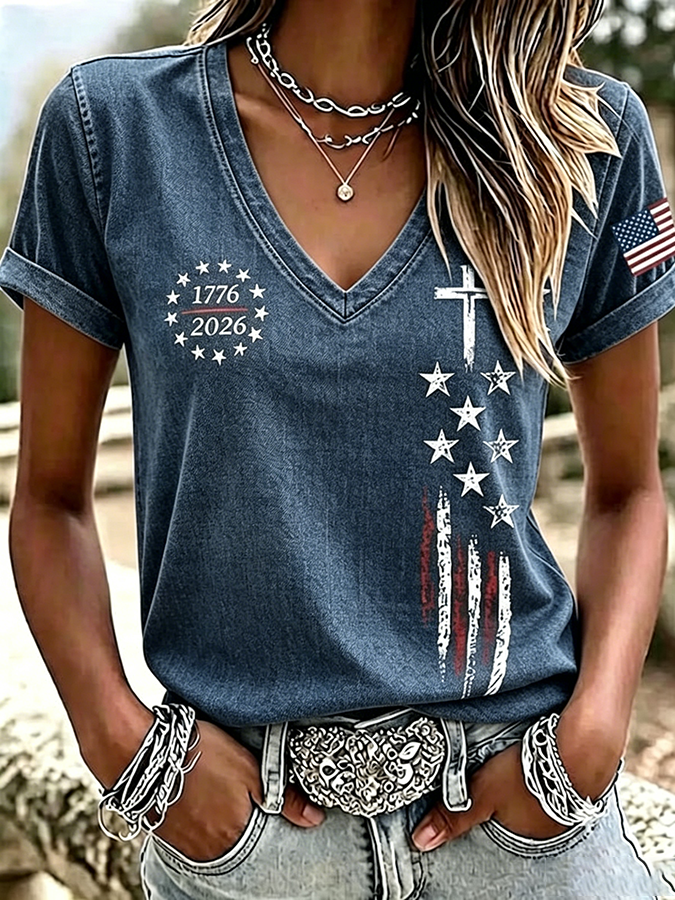 Women'S America Flag Printed Casual T-Shirt