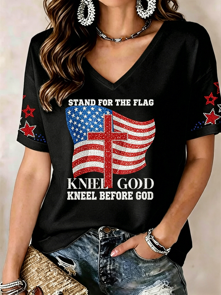 Women's America's 250th Anniversary Stand For The Flag Kneel For The Cross Faith Christian Cross Print T-Shirt